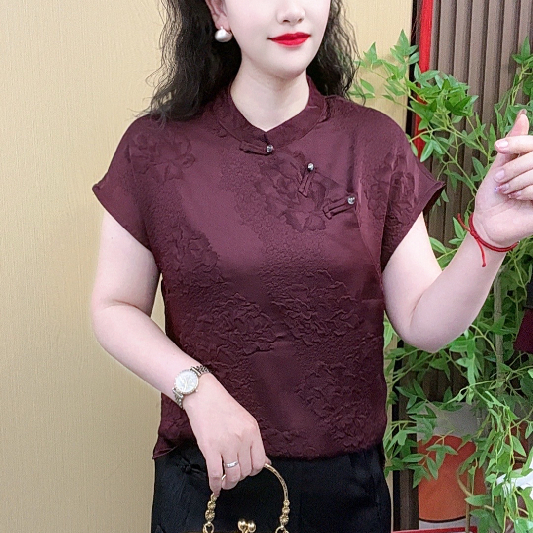 夏季新中式洋气气质显瘦短袖立领提花上衣文艺国风设计百搭休闲女