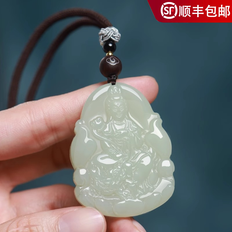 天然和田玉本命佛吊坠双面精雕十二生肖项链男女款普贤菩萨文殊