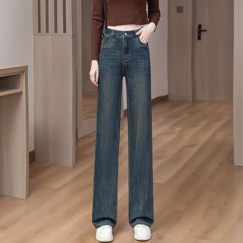 啄木鸟牛仔阔腿裤女士春秋冬季新款宽松小个子窄版加绒直筒长裤子