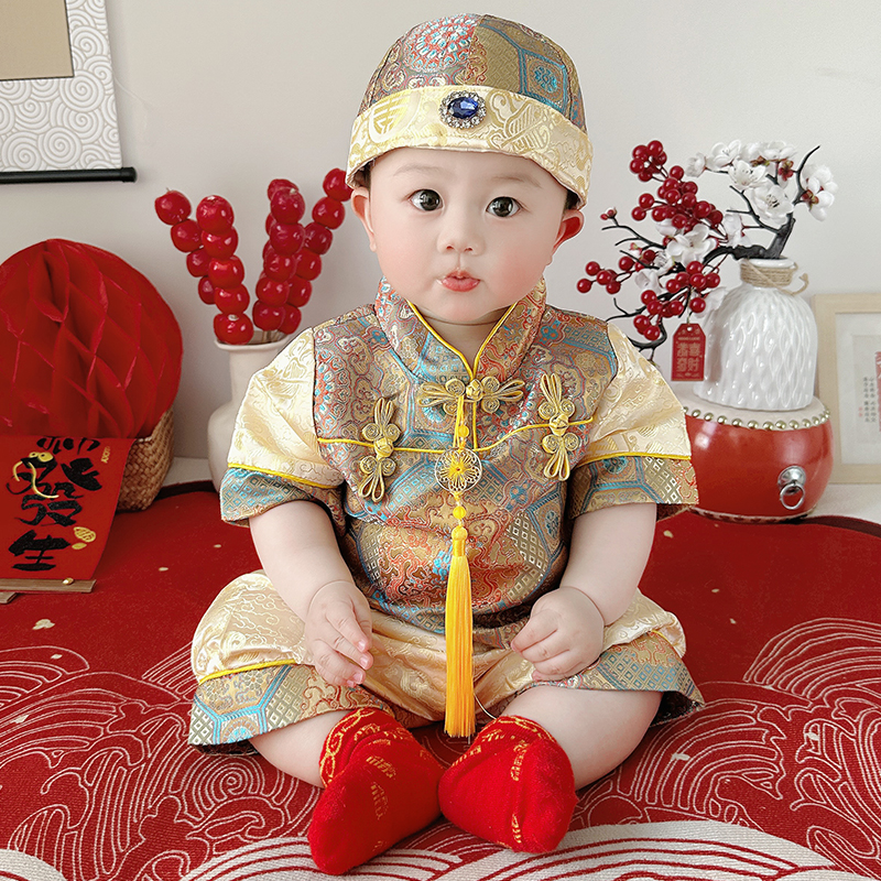 新中式宝宝周岁服儿童夏季抓周礼服男宝百天生日一岁冠衣唐装套装