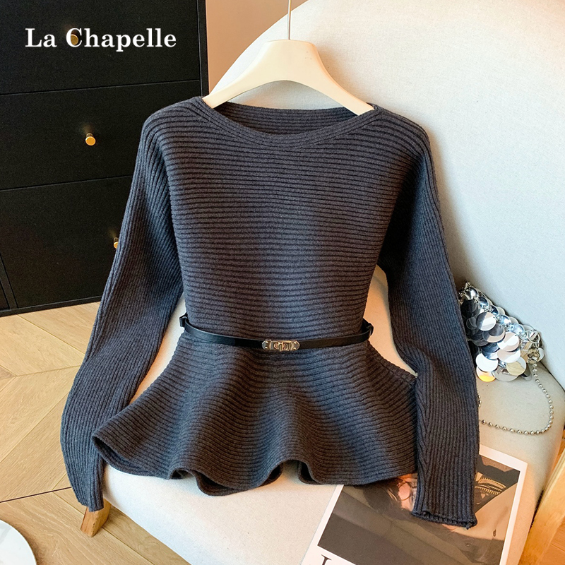 拉夏贝尔慵懒高级感深灰色配腰带针织上衣女秋冬季御姐风收腰毛衣