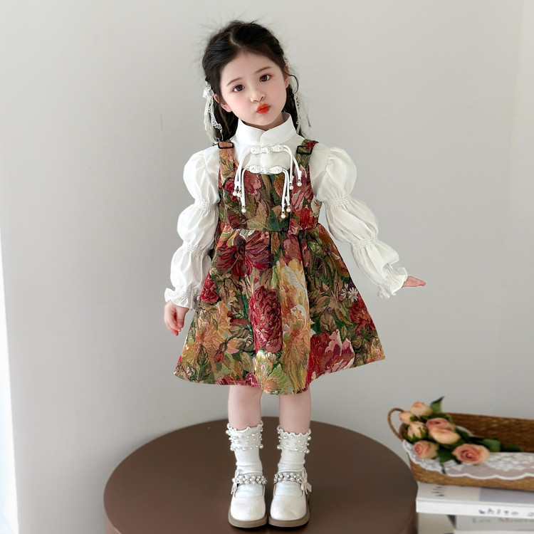 女童吊带连衣裙套装2025新款秋季女孩韩版洋气时髦碎花裙两件套潮