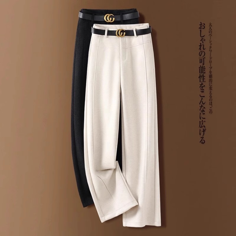 醋酸绵羊毛窄版阔腿裤女2025秋冬季新款松紧高腰休闲羊毛呢直筒裤