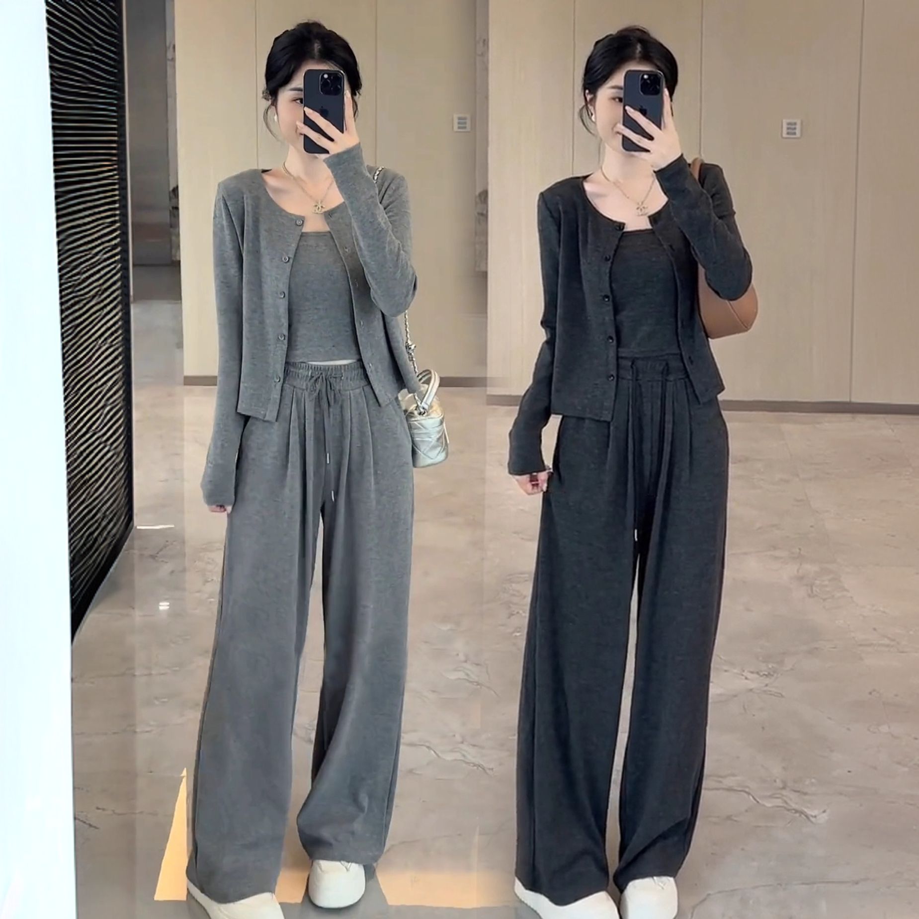 慵懒风糯米三件套装女秋季新款显瘦休闲运动针织开衫+吊带阔腿裤