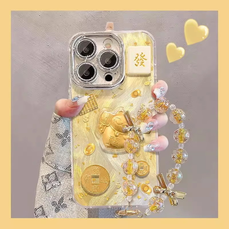 招财猫公仔适用苹果17promax手机壳带手链iphone16卡通17保护壳