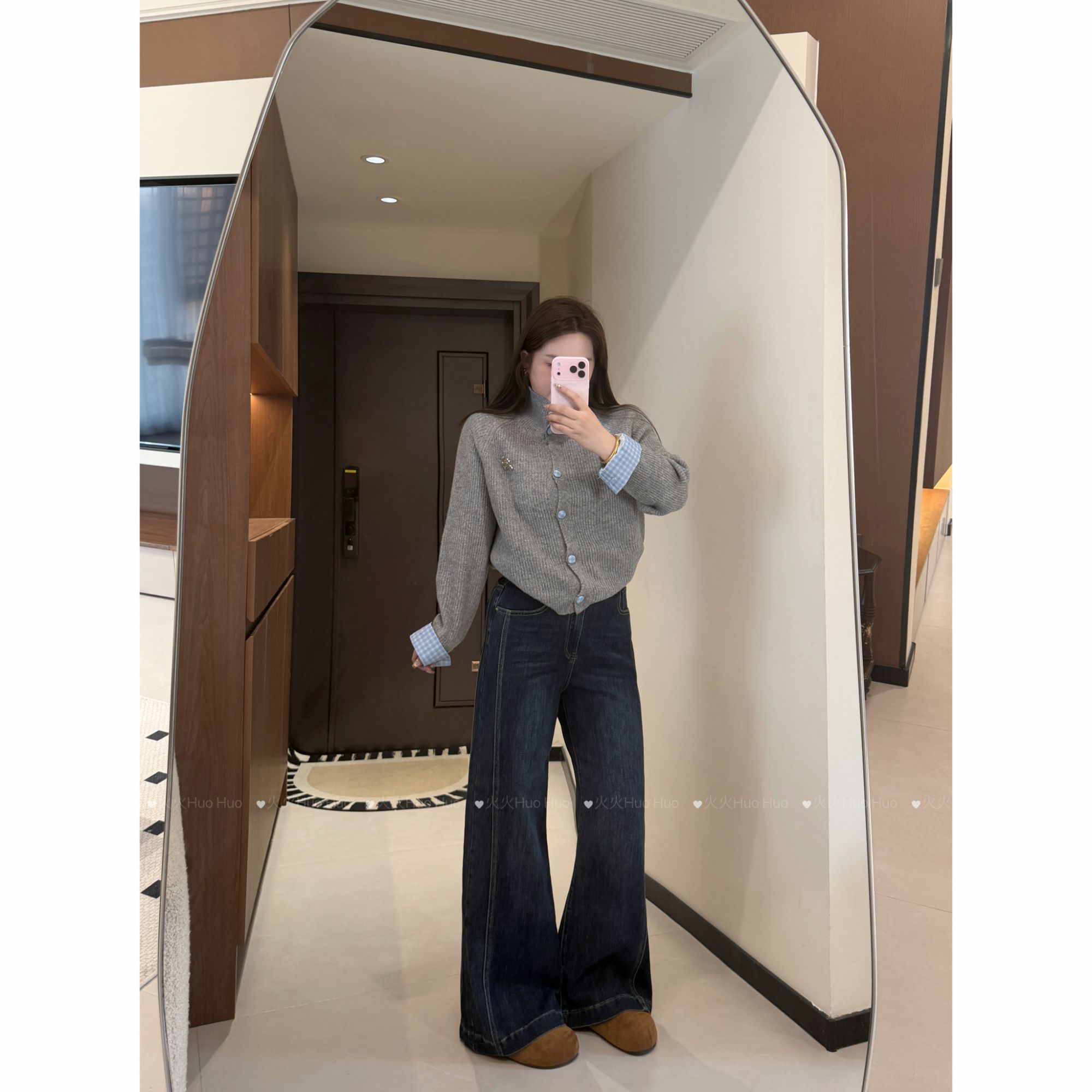 7010#深蓝不贴腿牛仔裤女新款秋冬季复古显瘦高腰宽松直筒微喇裤