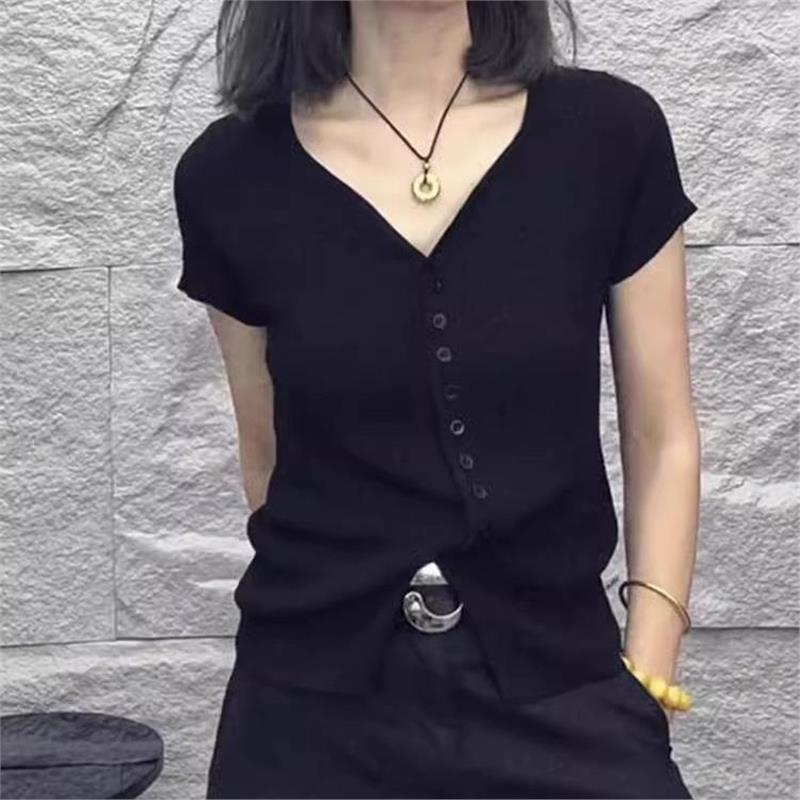 欧货大牌2025夏季新款黑色修身设计感单排扣开衫v领短袖上衣女