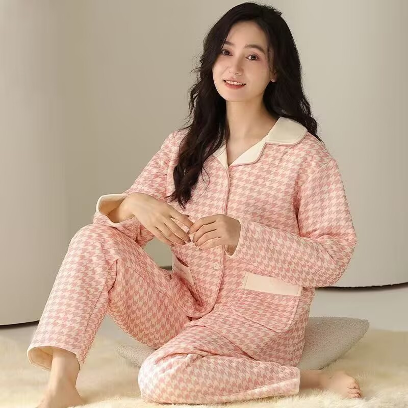 新款睡衣女士秋冬加厚纯棉长袖空气棉薄夹棉大码家居服套装春秋