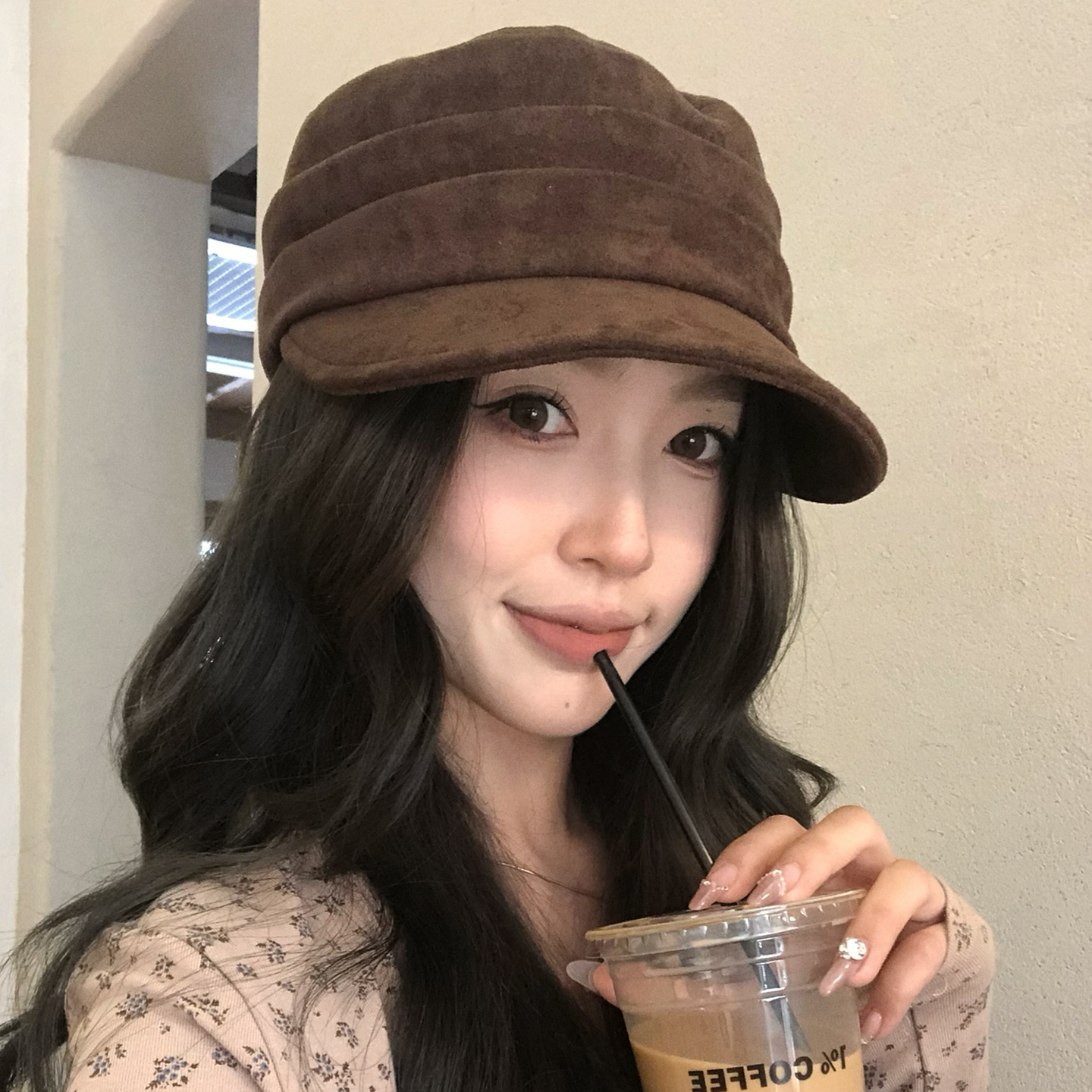 【猫仔kitten】咖色秋冬季复古麂皮绒鸭舌帽保暖多层褶皱平顶帽子女