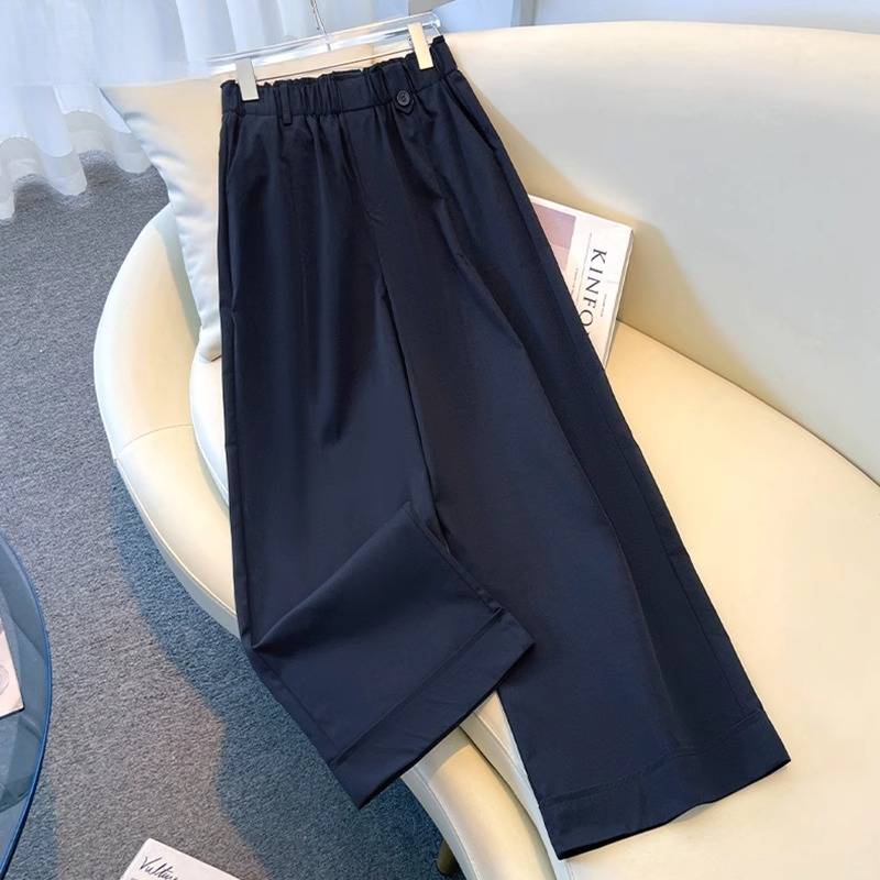 藏青色天丝棉阔腿裤女夏季薄2025新款松紧高腰宽松卷边九分直筒裤