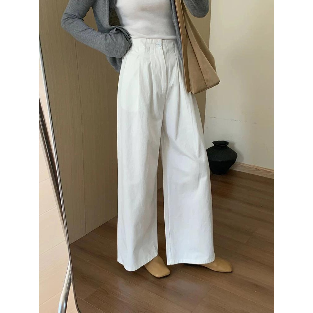 气质半松紧腰休闲裤2025夏韩版百搭直筒显瘦休闲长裤女时尚简约