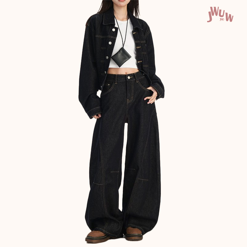 JWUW秋季翻领纽扣后系带短款牛仔外套女车线分割弯刀牛仔裤套装