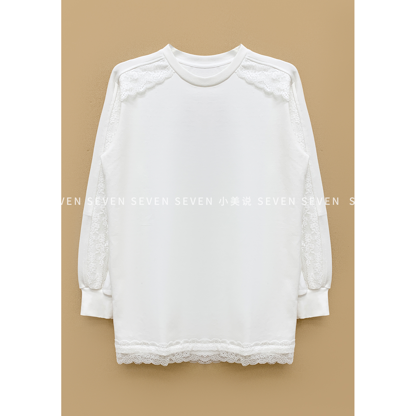 ⑦七七146小个子磨毛绒感白色蕾丝长袖T恤女冬季保暖打底衫小美说