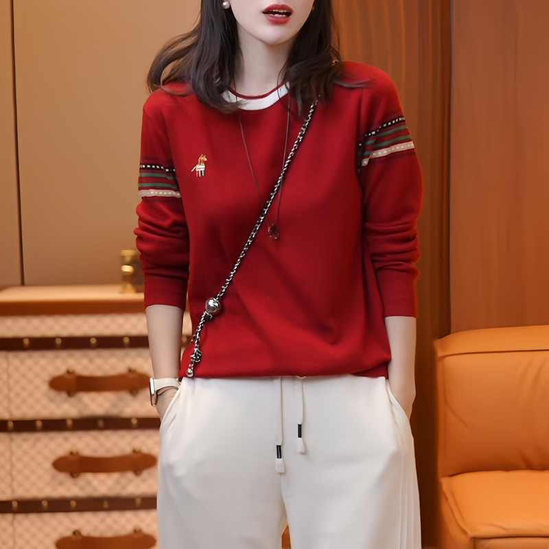 高级感红色撞色条纹小马刺绣针织衫女25冬季新款宽松百搭打底上衣