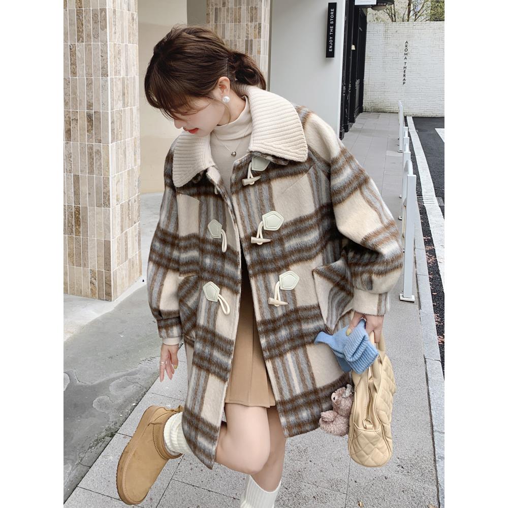 【万达撤柜】高端角扣格纹女装中长2025秋冬新款绗缝加厚羊毛外衣