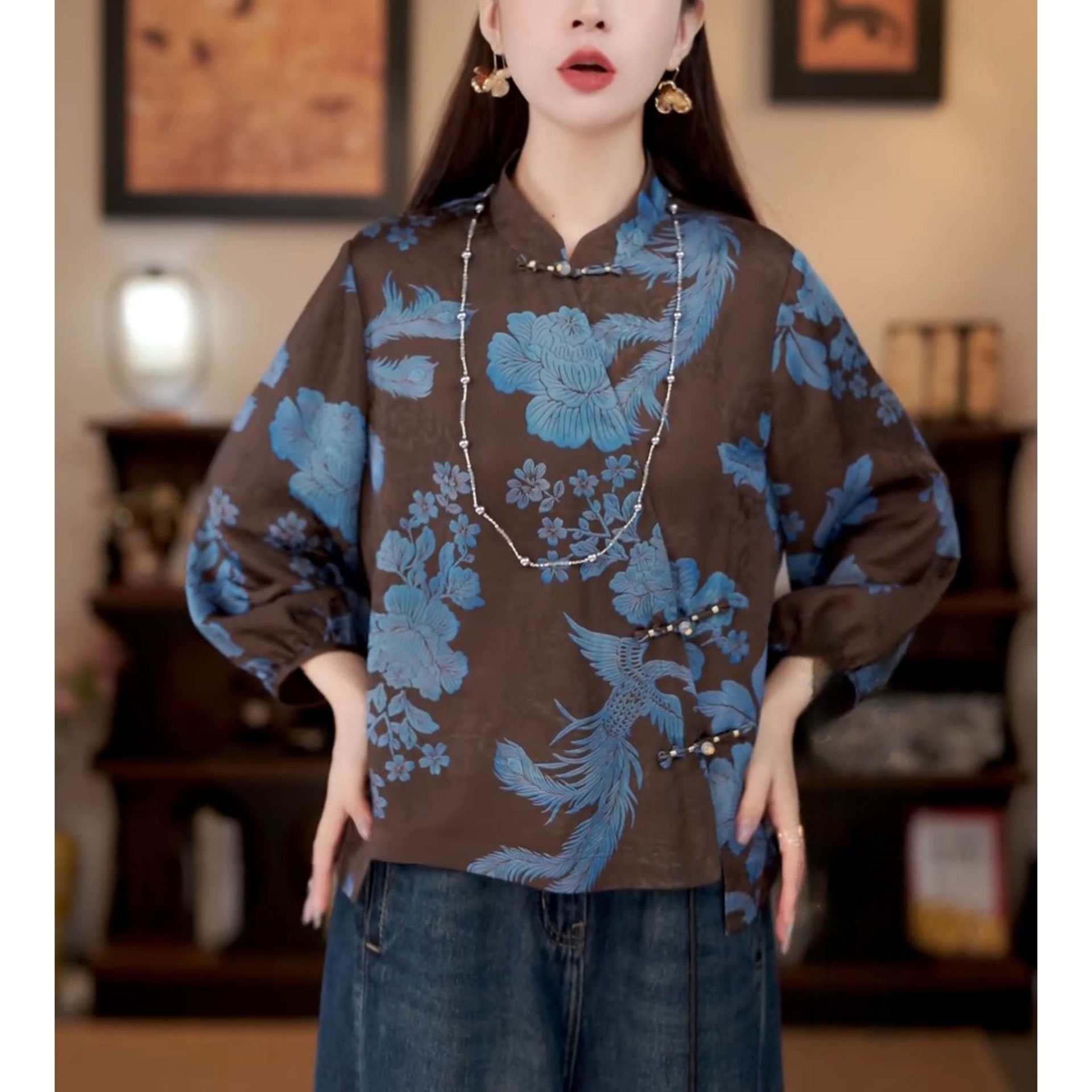 2025秋季新款国风气质减龄百搭印花上衣新中式显瘦长袖立领小衫潮