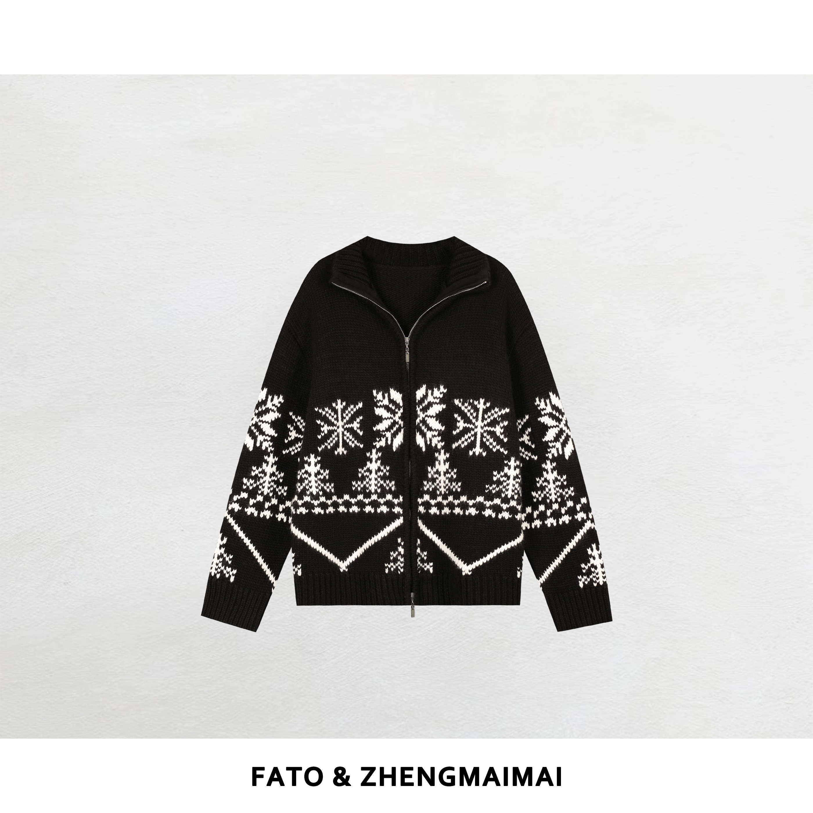 郑买买 黑白雪花 秋冬新款雪花翻领休闲百搭开衫毛衣 CC51021M1