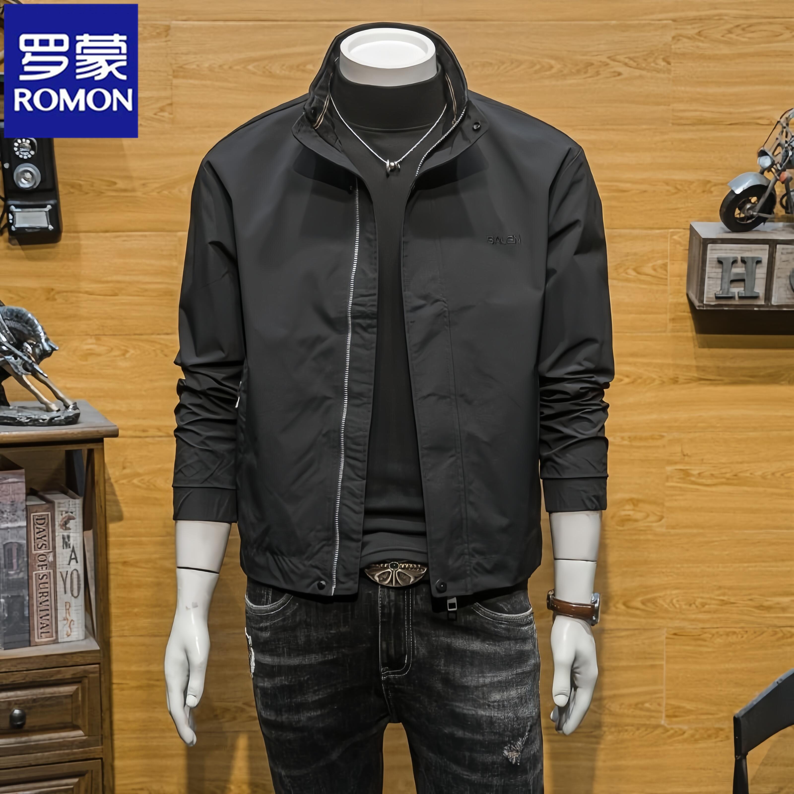 Romon/罗蒙男士春秋新款潮牌休闲外套简约立领上衣青年潮修身夹克