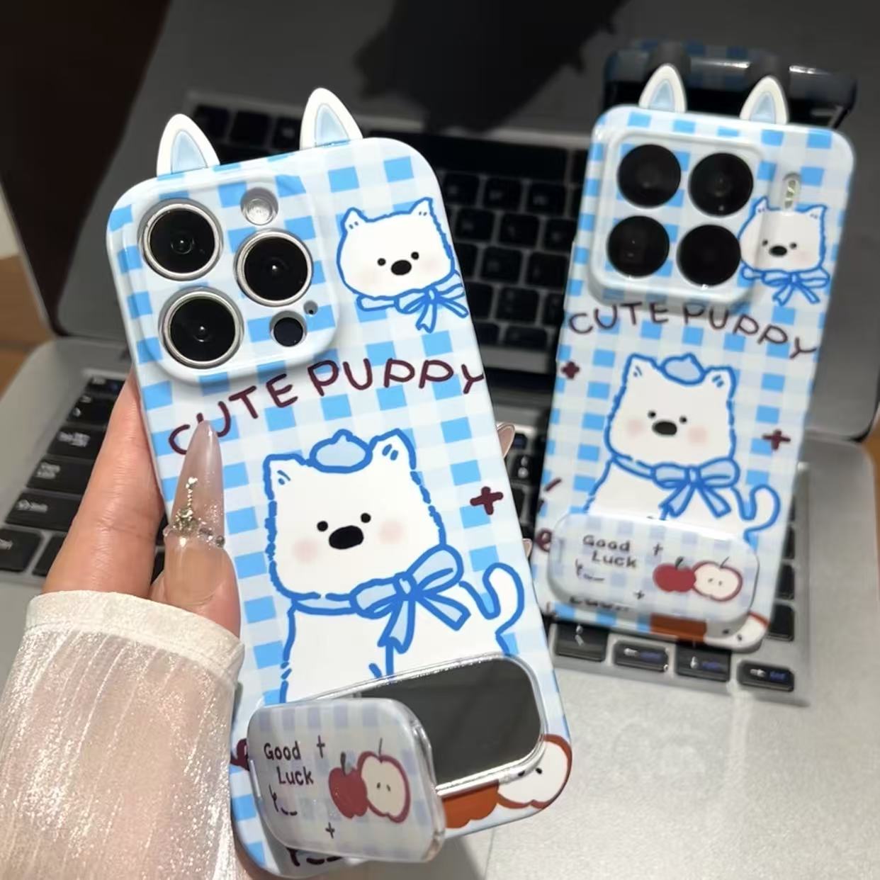 蓝格纹西高地支架适用苹果1716菲林手机壳华为vivoppo小米15防摔