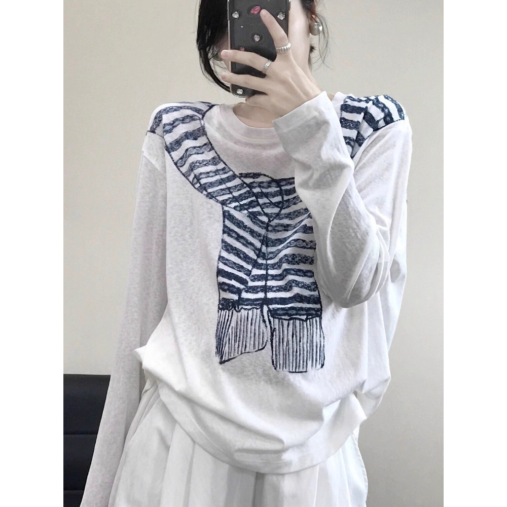 独特漂亮条纹长袖t恤罩衫薄款女夏季外穿宽松休闲防晒空调衫上衣