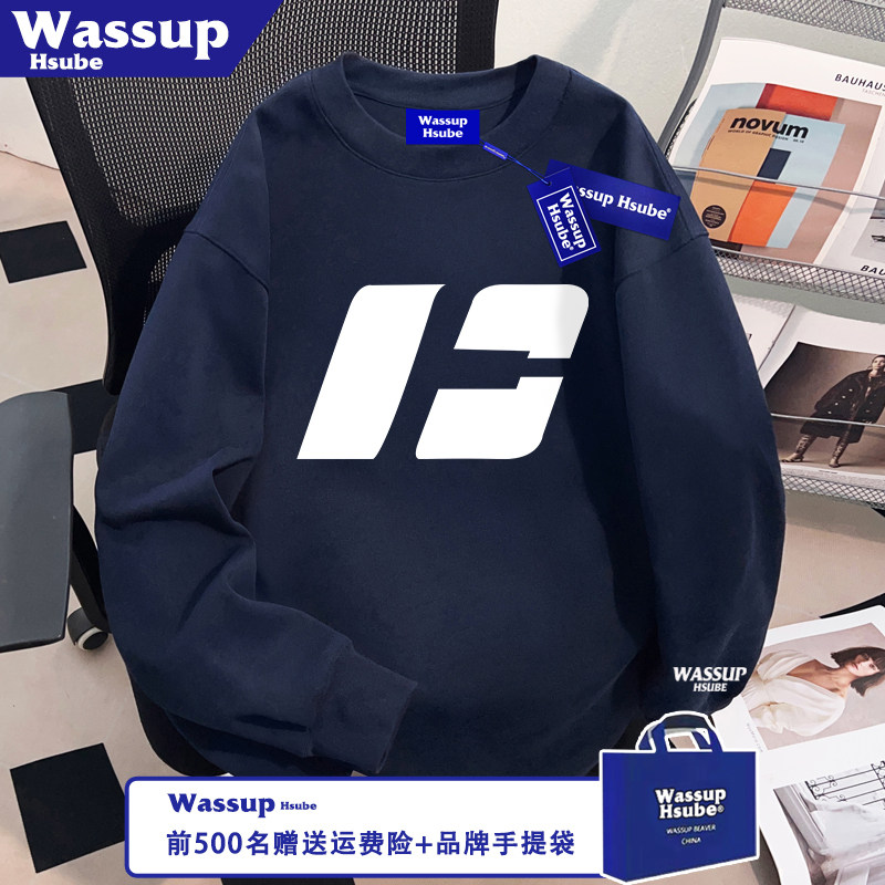 WASSUP HSUBE秋冬美式100%纯棉藏青长袖T恤创意印花潮流男款上衣