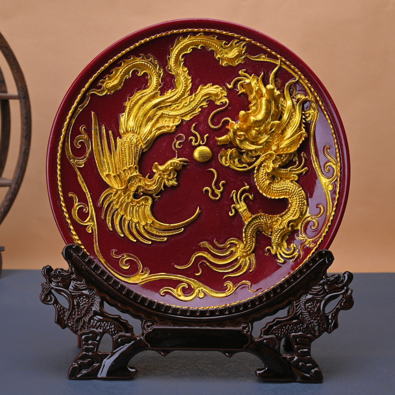 龙凤呈祥盘朱砂摆件龙凤盘 客厅居家创意工艺品摆件