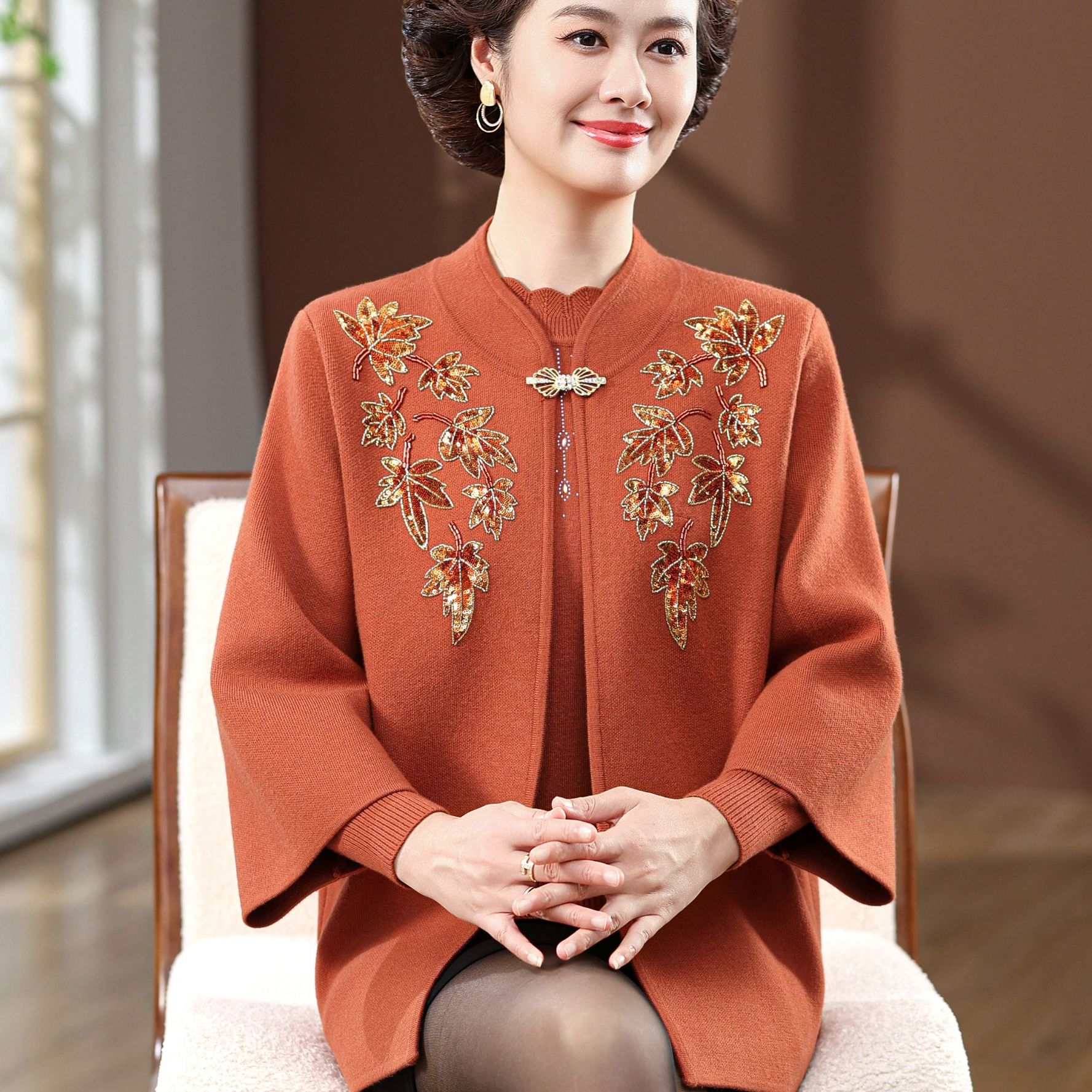 中老年春秋装洋气针织毛衣刺绣外套中老年女装针织开衫上衣两件套