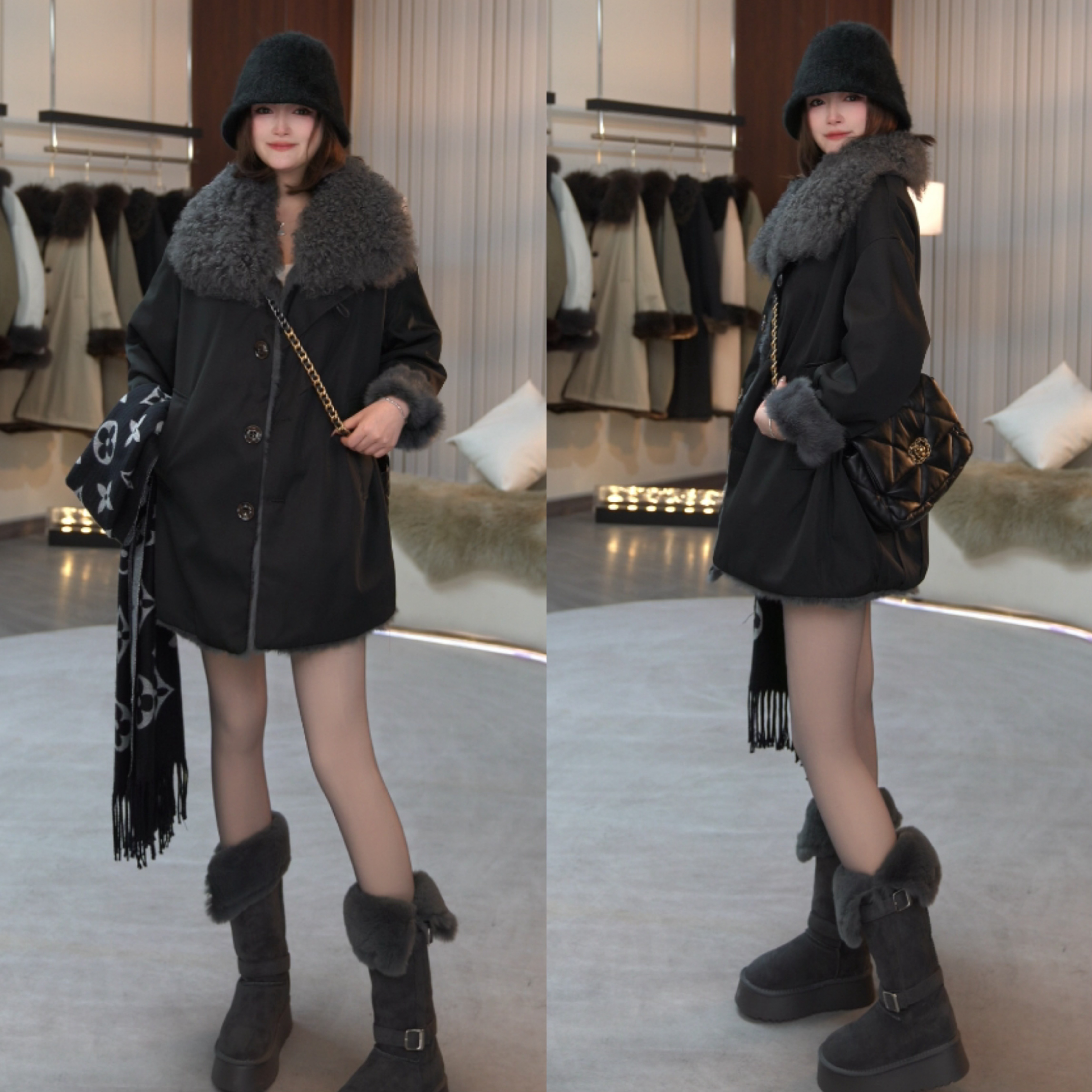 【女明星】连帽中长款加绒女款休闲毛袖25年女士秋冬短款时尚大气