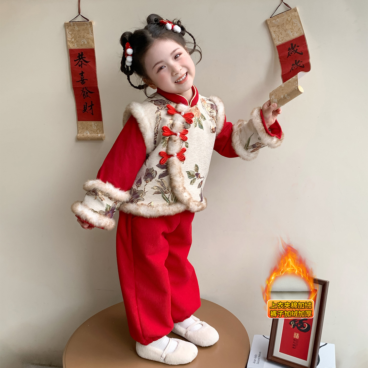 女童拜年服儿童汉服加厚套装小女孩红色冬装新年衣服宝宝中式唐装