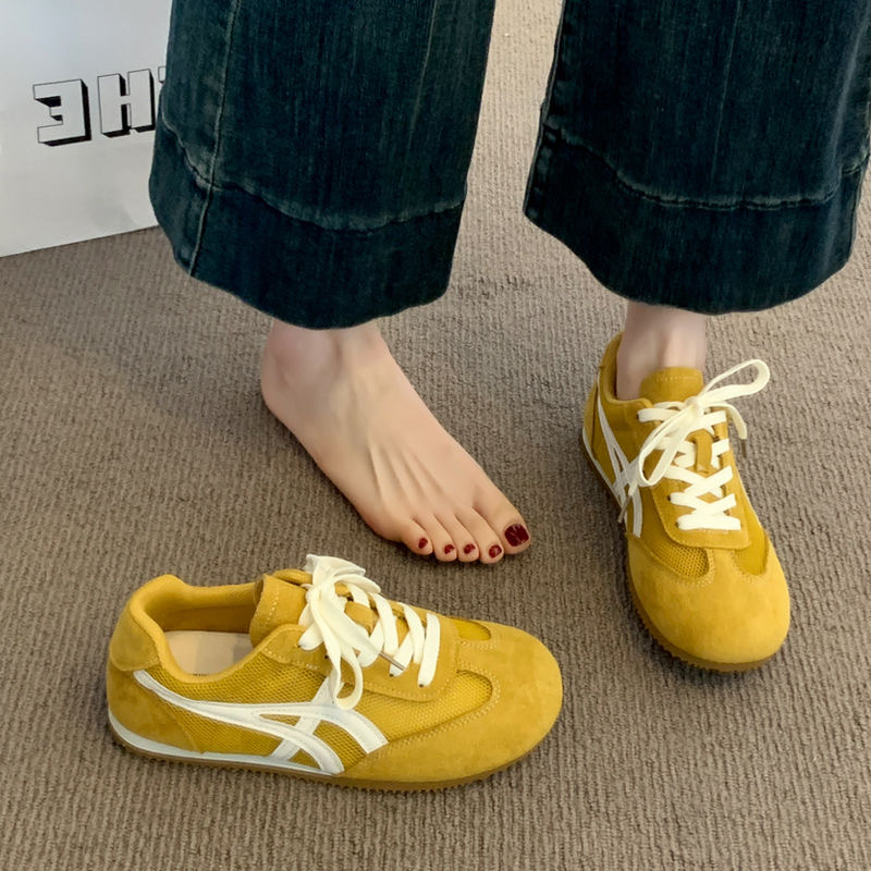 【爆款推荐】发财黄女夏新款德训鞋薄底轻便透气网面休闲时尚学生鞋