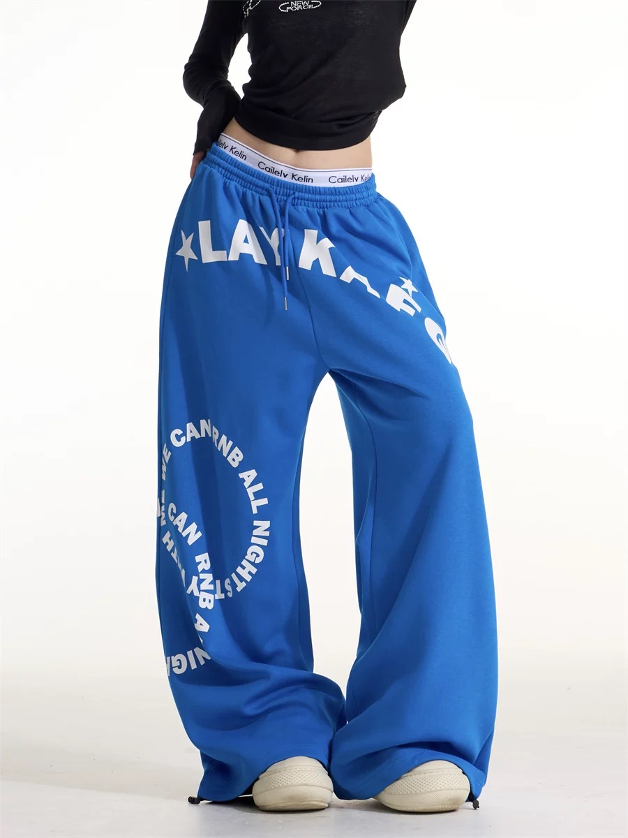 美式潮牌蓝色字母印花卫裤女2025新款休闲嘻哈街舞运动阔腿练功裤