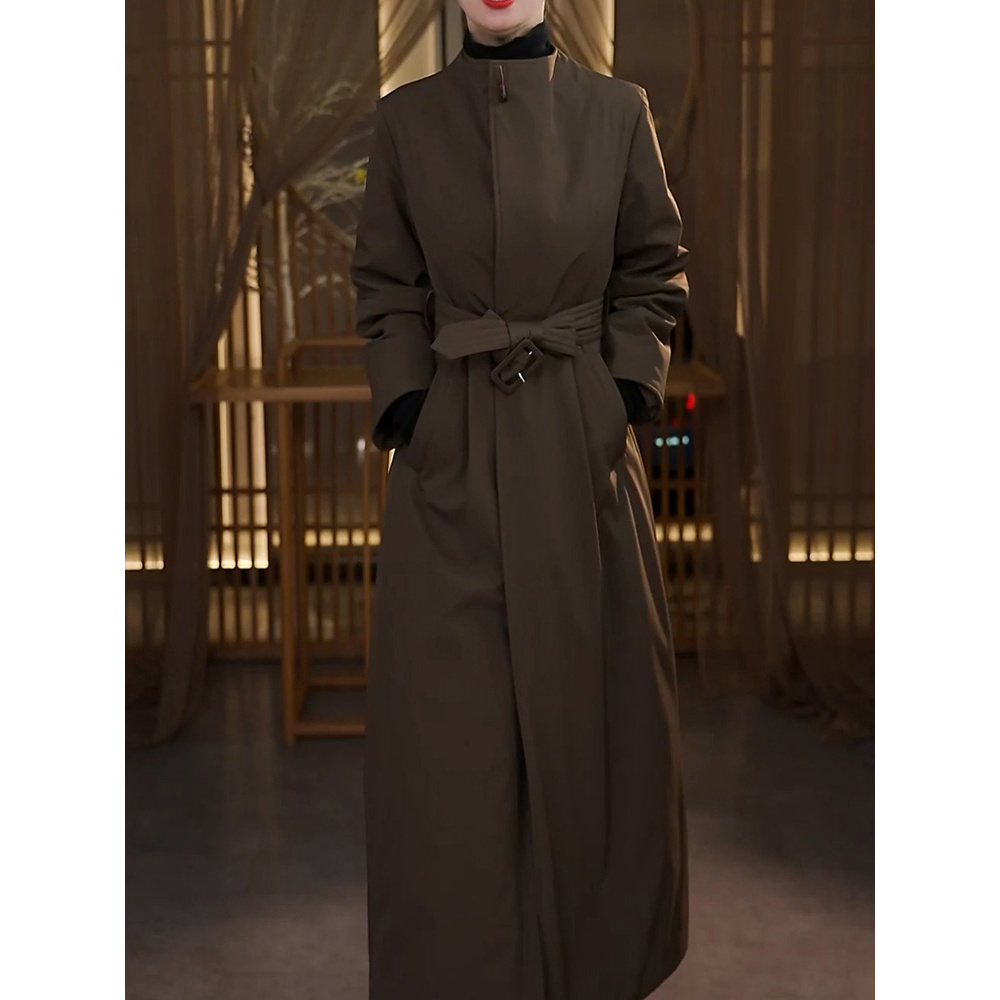 高级感保暖夹羽绒外套女2025冬季新款系带收腰显瘦加厚长款大衣