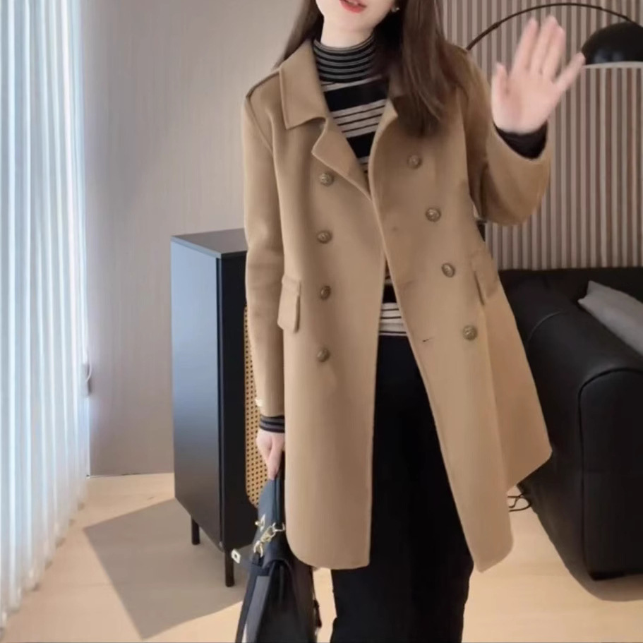 2025宽松显瘦韩版秋季新款时尚翻领双排扣毛呢外套显瘦大衣女
