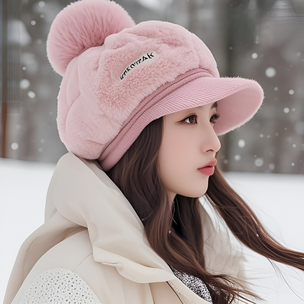 新款韩版帽子女秋冬时尚百搭可爱毛球毛绒保暖鸭舌帽防寒护耳帽qt