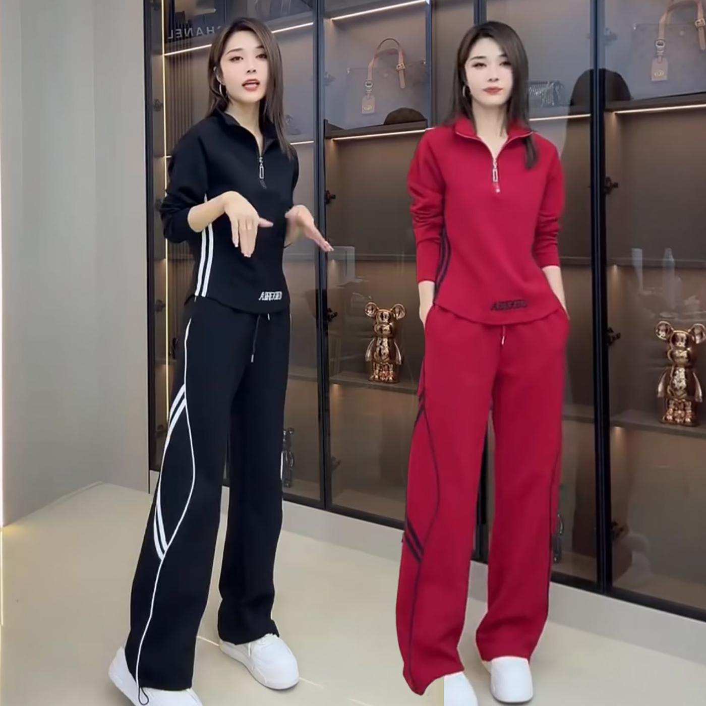 韩版休闲运动套装女2025春秋新款高级感半拉链刺绣卫衣长裤两件套