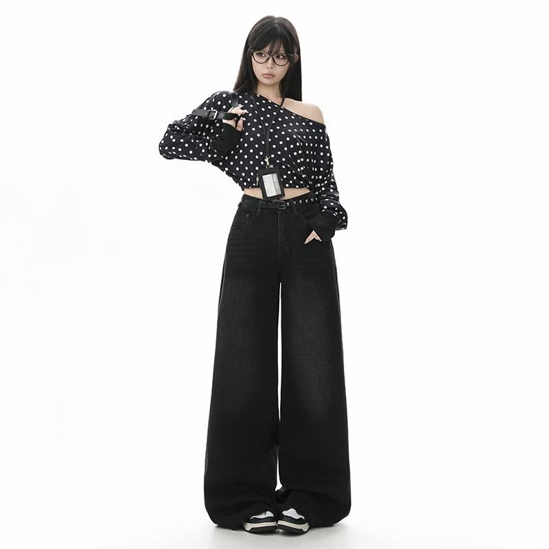 美式黑灰色高腰牛仔裤女2025秋季新款宽松显瘦阔腿直筒垂感拖地裤