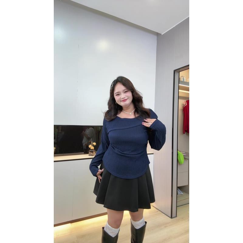 大码方领内搭打底衫女秋季胖mm显瘦遮肚褶皱收腰长袖t恤上衣