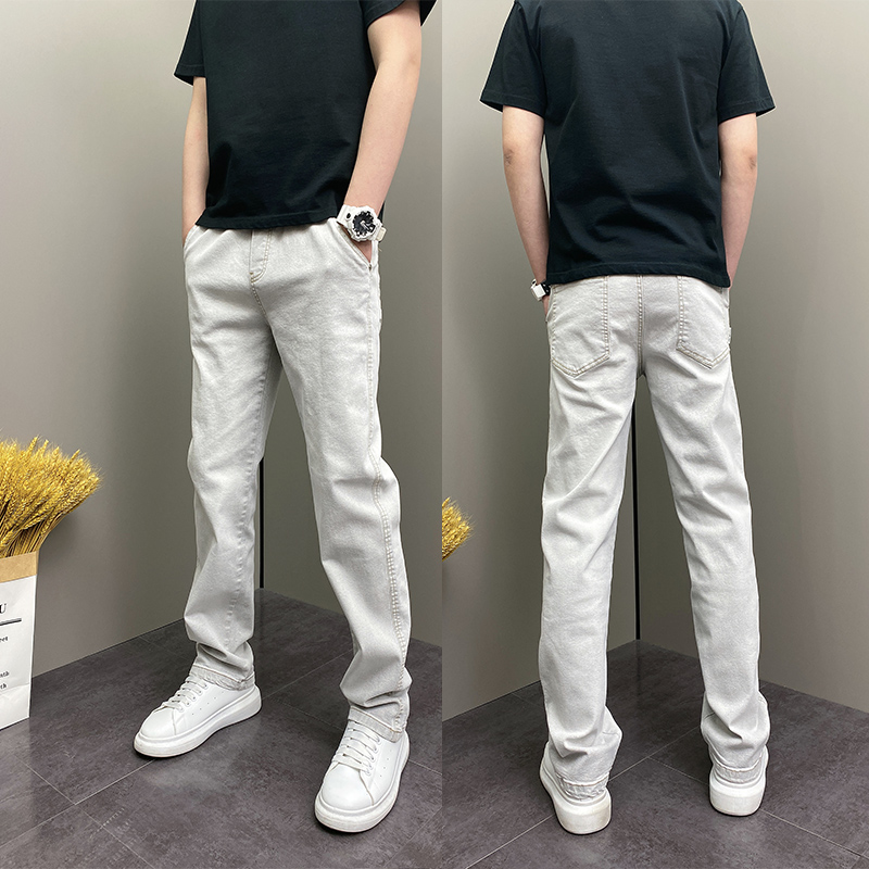 春夏季潮牌百搭痞帅浅色系水洗做旧复古青年男士休闲牛仔长裤子男
