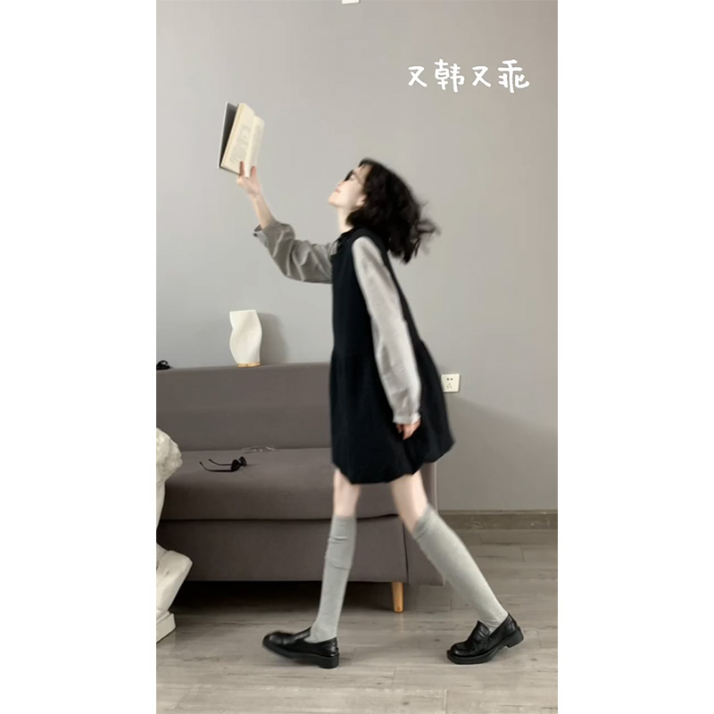 MARIE.COCO秋冬新款韩系穿搭条纹衬衫上衣叠穿花苞背心连衣裙套装
