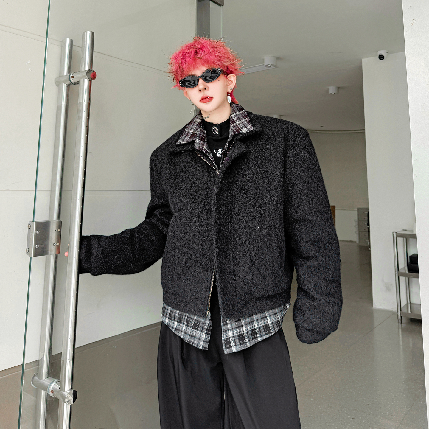 2025冬装美式小众拼接格子衬衫假两件毛呢夹克棉衣男加厚痞帅棉服