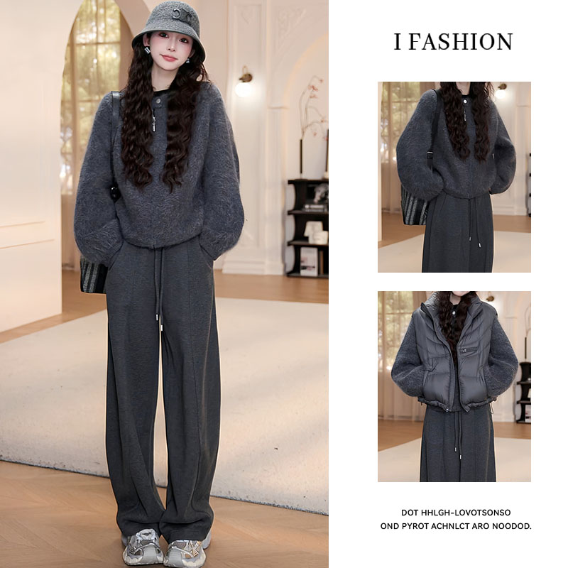 慵懒风韩版时尚套装女2025年秋冬季新款长袖毛衣马甲阔腿裤三件套