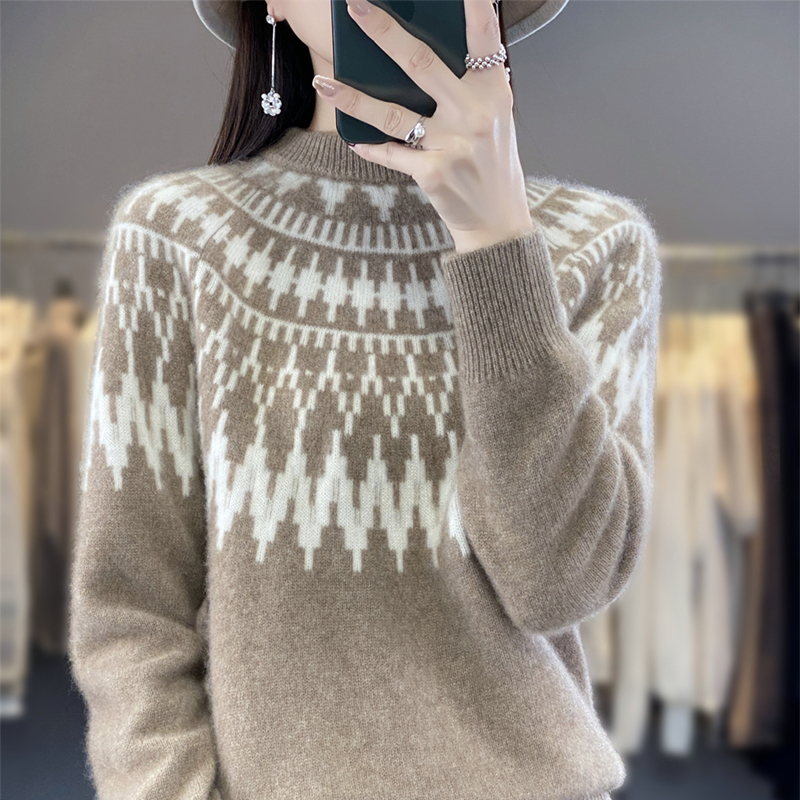 品牌女装秋冬新款宽松女装半高领拼色复古女士洋气百搭毛衣