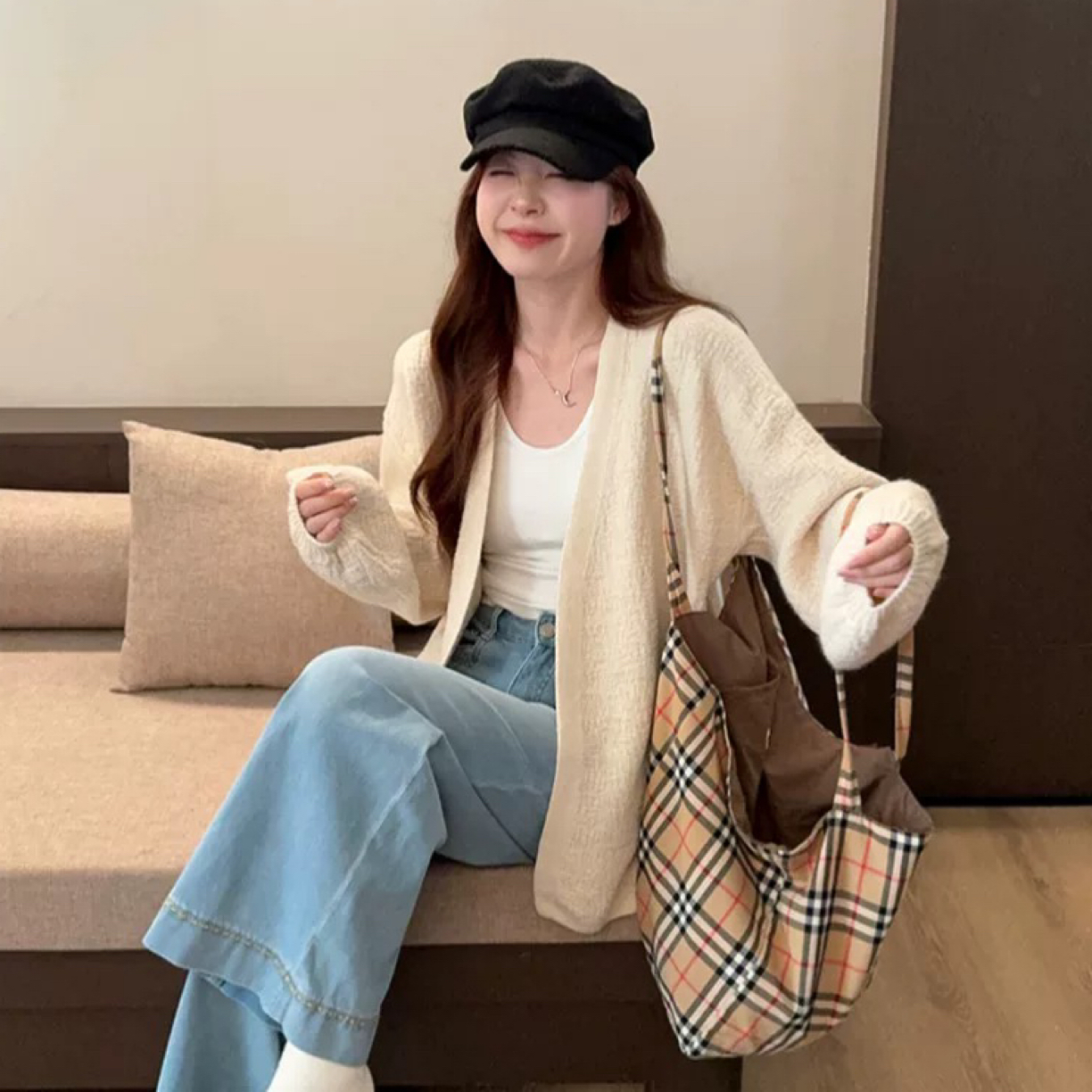 秋款树皮纹泡泡袖慵懒风针织衫上衣女潮时尚百搭开衫外套娇