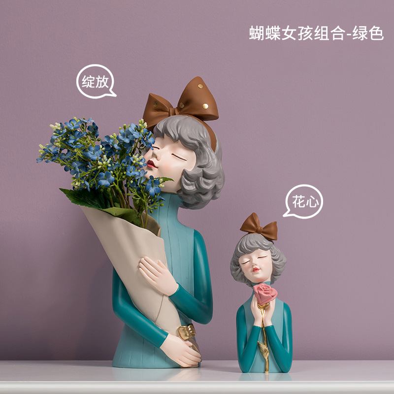 创意捧花女孩摆件女生日礼物客厅电视柜插花干花家居装饰工艺品