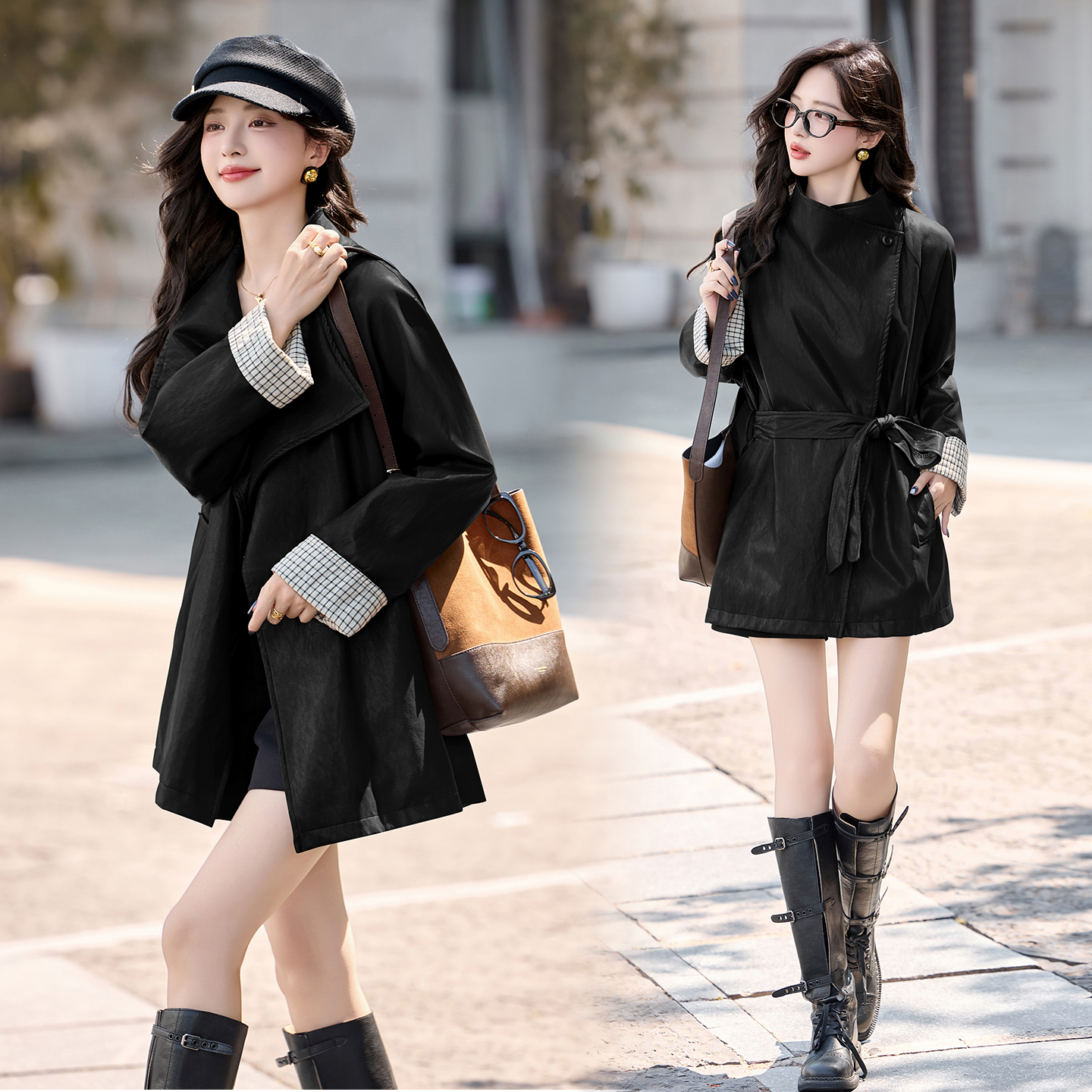 黑色高级感皮衣外套女厚款长袖拼接系带绑带皮衣网红上衣加绒加厚