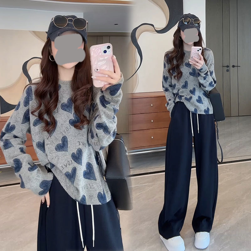 2025秋新款气质休闲百搭长袖爱心印花上衣显瘦休闲裤时尚慵懒套装