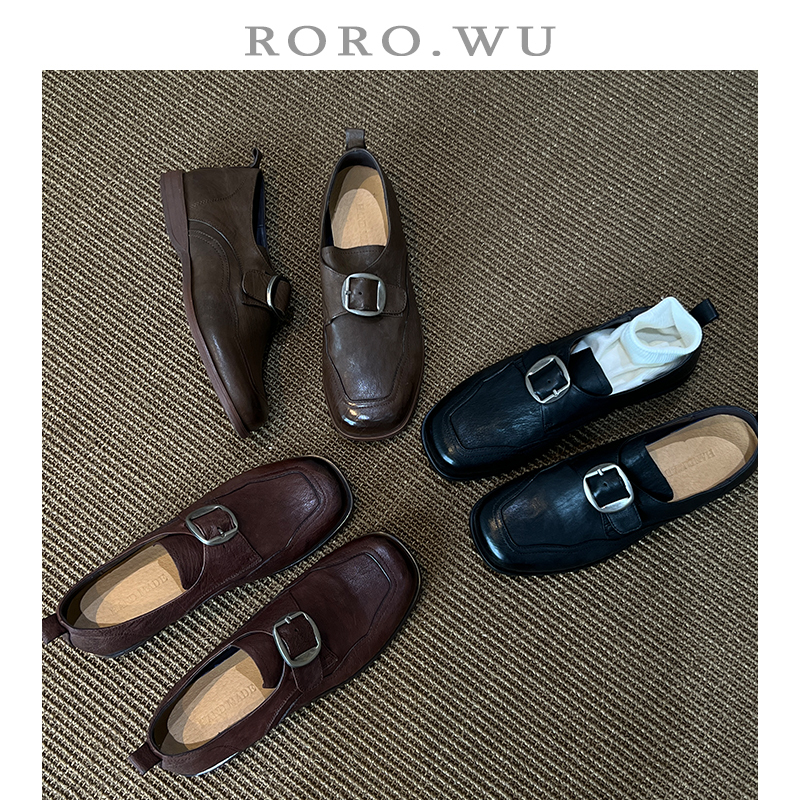 娆娆吴·马皮复古简约金属扣带浅口舒适百搭休闲乐福鞋单鞋D750