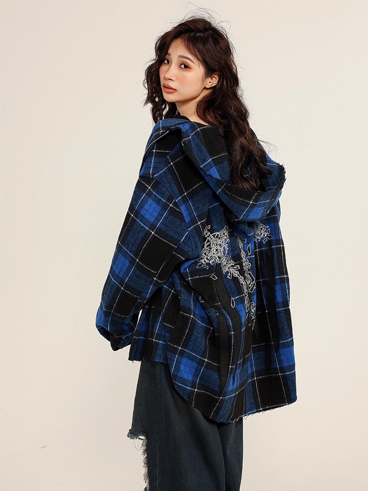 PuRu美式新款复古衬衫外套女新款宽松美拉德格子长袖潮牌连帽上衣