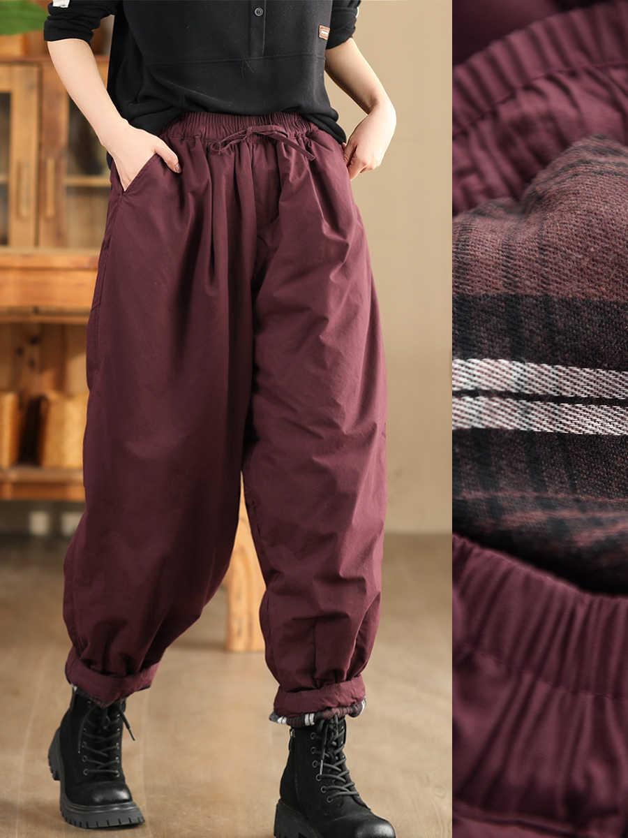 新款冬季时尚夹棉女式女士户外棉裤女内里外穿格纹双层哈伦裤裤子