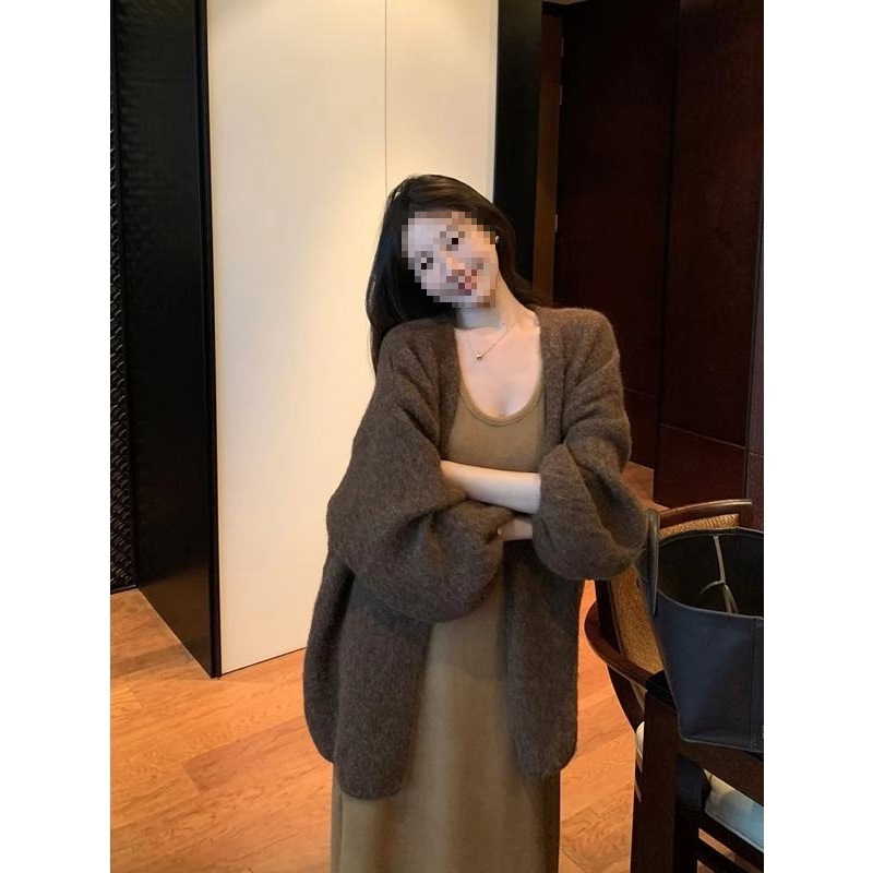 美拉德复古咖色毛衣外套女秋冬慵懒高级感宽松中长款针织开衫上衣